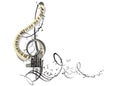 Abstract treble clef decorated with musicians and piano wave, decorated with musical notes. Royalty Free Stock Photo